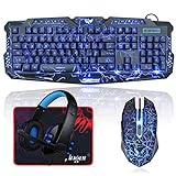 BlueFinger Backlit Gaming Keyboard and Mouse and LED Headset Combo,USB Wired 3 Color Crack Backlit Keyboard,Blue LED Light...