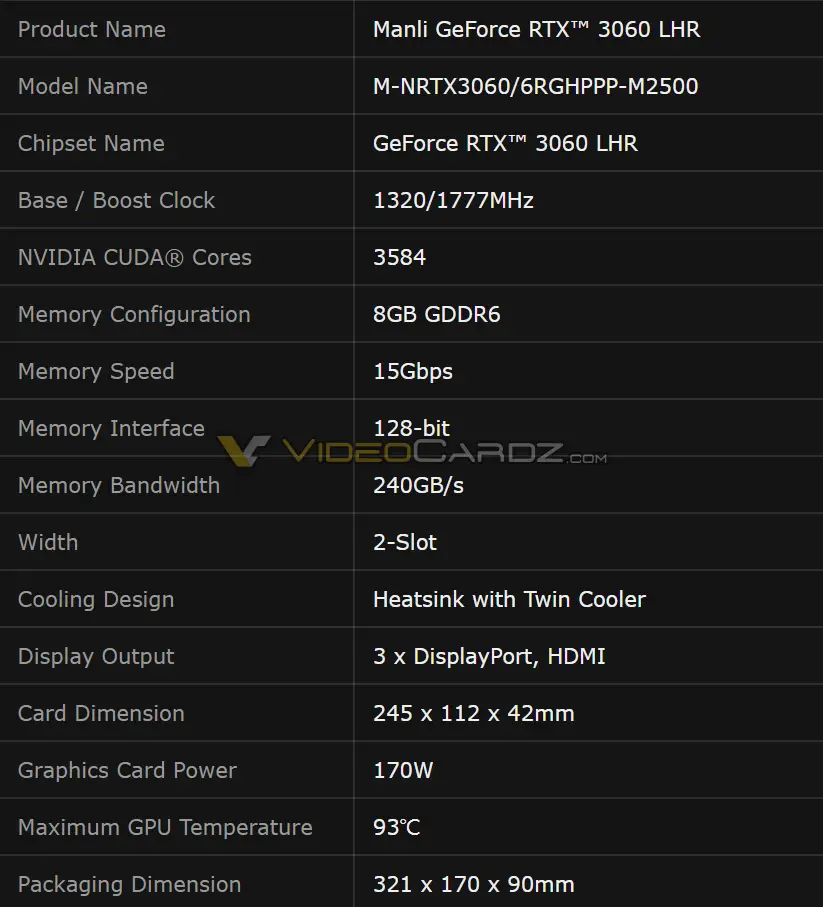RTX 3060  8GB Especificaciones